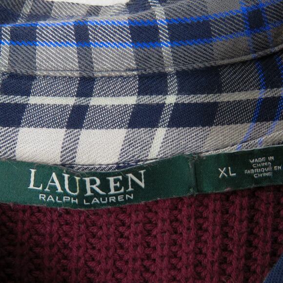 Lauren Ralph Lauren Maroon Knit Layered Sweater Plaid Collar XL Women's Preppy - Picture 5 of 7